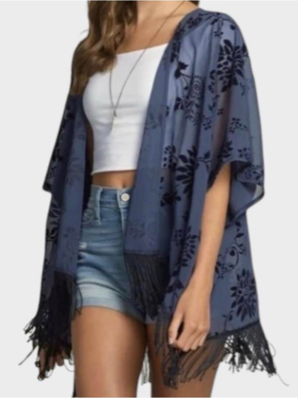 Hollister Blue Floral Kimono Cover Up with Fringe - One Size